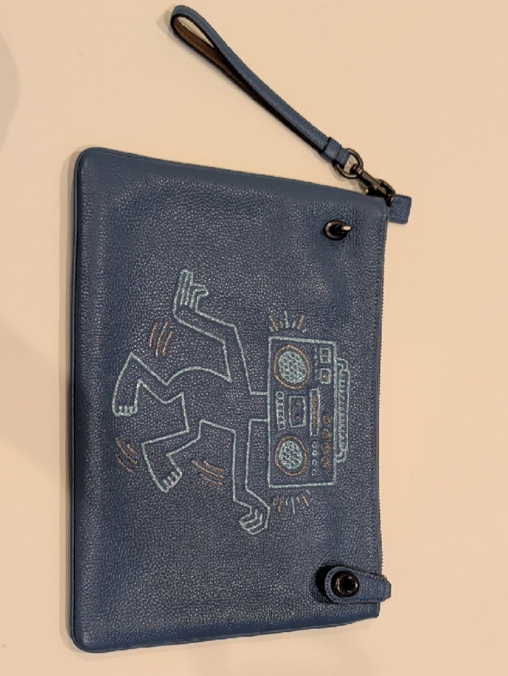 Navy Leather Wristlet Clutch with Boombox Embroidery Limited Edition - Picture 2 of 9